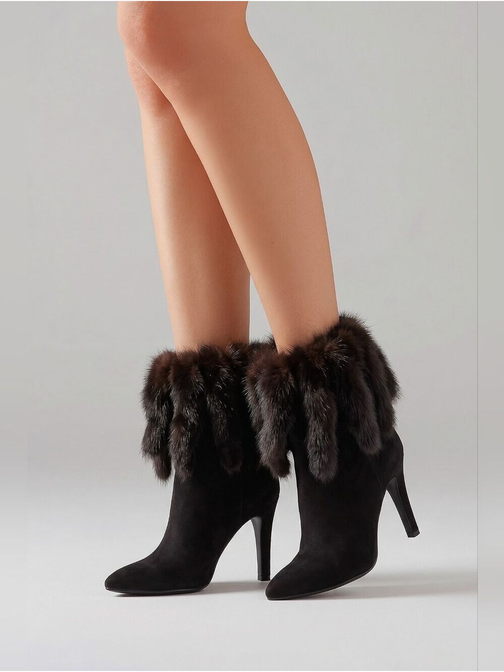 Andrew Geller Genuine Mink Fur Tail Suede Booties